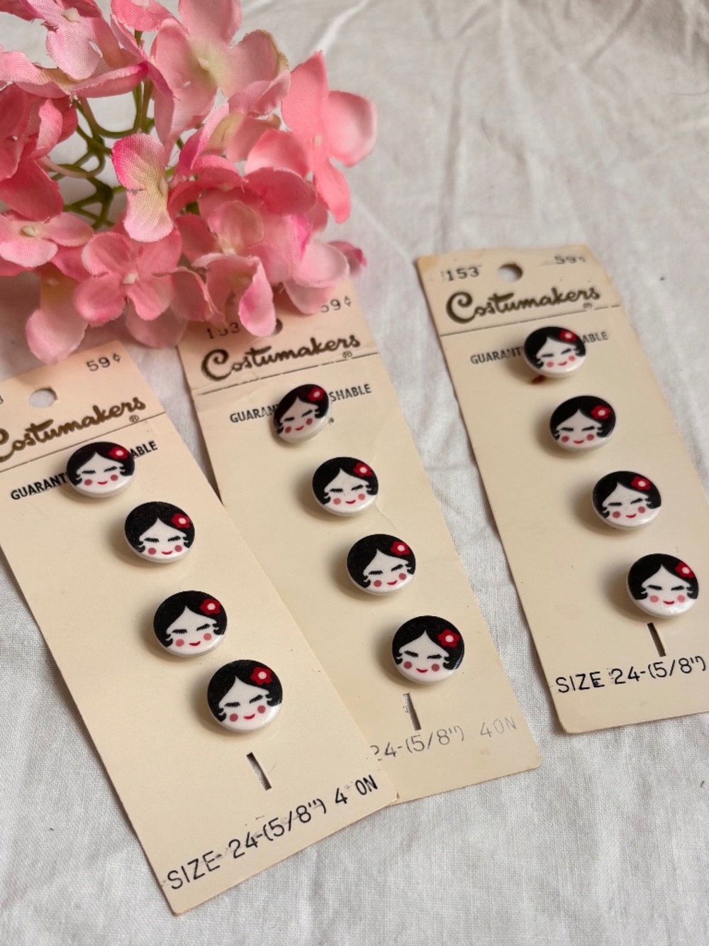 Lot of 3 Vintage Costumakers Girls Face Plastic Buttons on Original Card